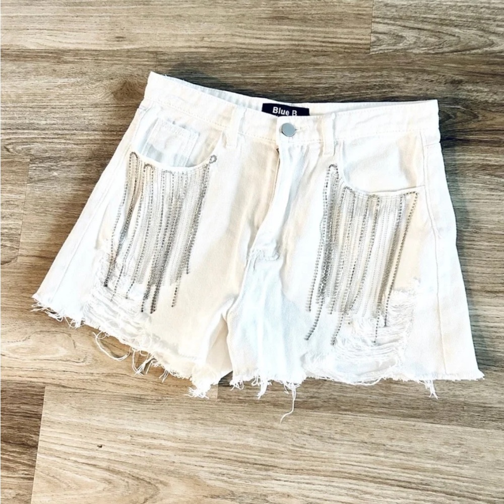 White Distressed High-Waisted Jean Shorts with rhinestone fringe